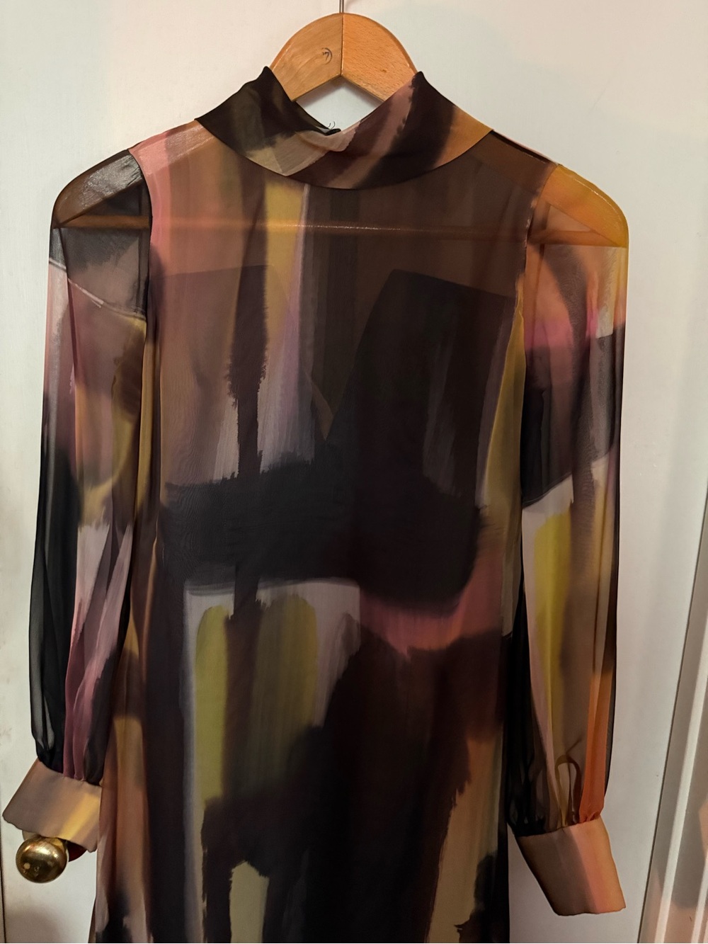 Abstract Print Sheer Mock-Neck Women's Top - Black & Multicolor